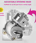 Rock Solid 8 Inch Adjustable 0 To 90 Degree Rotary Indexing Head With 3 Jaw Chuck And Tailstock Kit showing angled view for precision cutting.