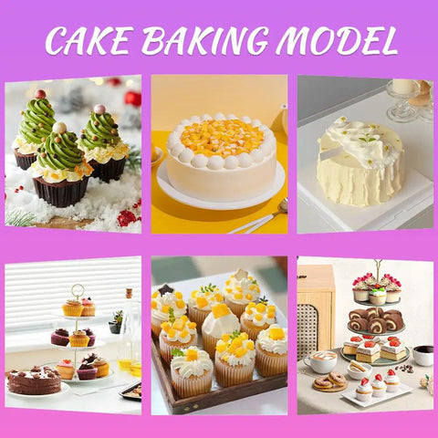 Six different cake designs made with Purple Cake Decorating Kit With Rotating Turntable 14 Piece Essentials Including Piping Tips