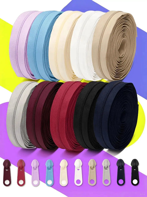 Zipper Upgrade Kit With 4.5m Nylon Tape And 10 Colorful Plastic Pulls Size #3 Zip, rolls of various colors, matching pulls.