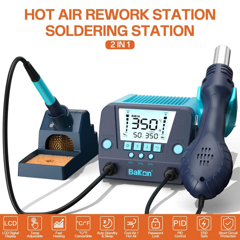 Two-In-One Soldering Iron And Hot Air Rework Station Kit With Auto Sleep Temperature Conversion C To F Three Preset Channels
