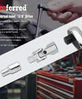 Heavy Duty 3/8 Inch Universal Joint Swivel Adapter Built Like A Tank With Forged Chrome Vanadium Steel showing polished chrome finish and 360 rotation.