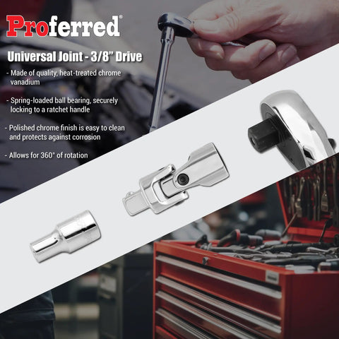 Heavy Duty 3/8 Inch Universal Joint Swivel Adapter Built Like A Tank With Forged Chrome Vanadium Steel showing polished chrome finish and 360 rotation.