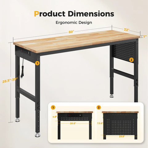 60 Inch Heavy Duty Workbench Built To Haul 2000 Lb Capacity With Rubber Wood Top, Pegboard, And Built In Power Outlets Dimensions