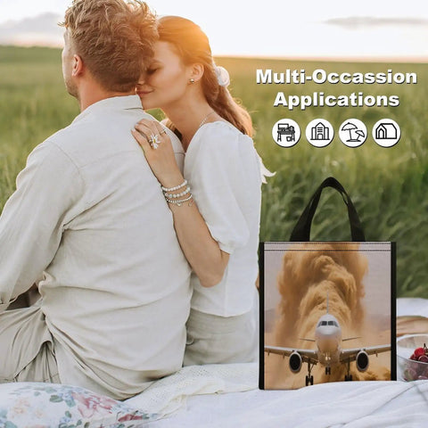 Couple enjoying picnic with Desert Runway Plane Lunch Bag Tote With Insulated Aluminum Lined Cooler in field