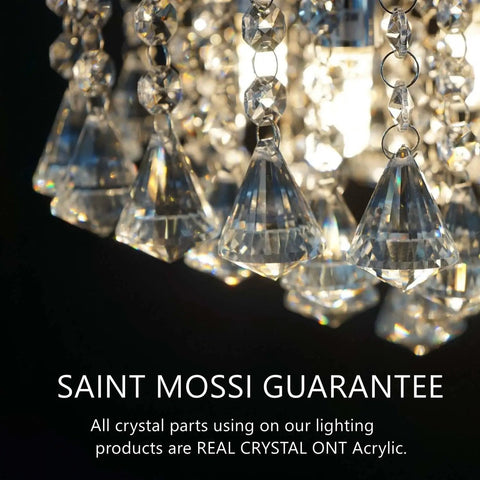 Close-up of Lit Modern K9 Crystal Raindrop Chandelier Lighting Flush Mount LED Ceiling Light Fixture with real crystal detail.