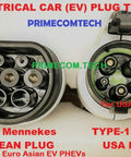 Close-up of Type 2 Mennekes and Type 1 J1772 EV plug connectors, labeled for European and USA electric vehicles.