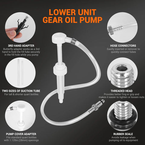 Lower unit gear oil pump by LOZAGU with clear hose, 3/8-inch metal swivel, two sizes of suction tube and adapters (Amazon)
