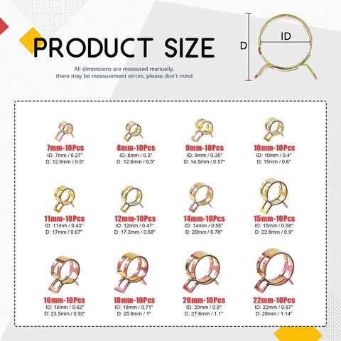 Size chart for Must Have 121 Piece Spring Band Clips Kit With 12 Sizes From 7mm To 22mm Hose Clamps Pliers Fuel Silicone Vacuum Hose Fasteners