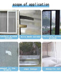 Six different images showing Heavy Duty Self Adhering Screen Repair Strip With Fiberglass Mesh For Windows And Doors Quick Fix For Holes Tears And Rips.