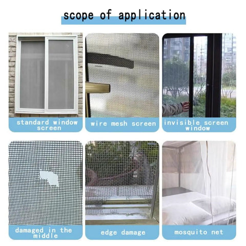 Six different images showing Heavy Duty Self Adhering Screen Repair Strip With Fiberglass Mesh For Windows And Doors Quick Fix For Holes Tears And Rips.