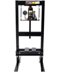 Front view of 6 Ton Hydraulic Shop Press H Frame With Gauge For Precision Bearing Pressing, black steel frame design.