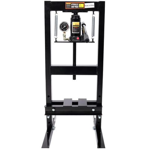 Front view of 6 Ton Hydraulic Shop Press H Frame With Gauge For Precision Bearing Pressing, black steel frame design.