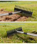 63 Inch Dethatcher Rake With Upgraded Dual Action Tines, 32-Tine Dual-Sided Head removing grass thatch and debris