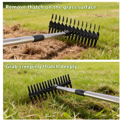 63 Inch Dethatcher Rake With Upgraded Dual Action Tines, 32-Tine Dual-Sided Head removing grass thatch and debris