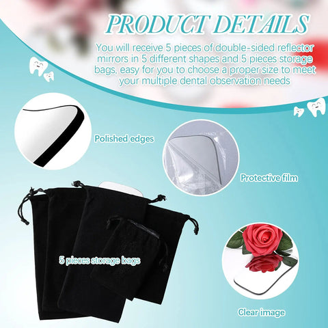 Five Piece Pro Grade Dental Mirror Kit With Five Unique Shapes For Intraoral Photography And Oral Inspection And Health Checks Double Sided Plated Glass Mirrors Includes Black Drawstring Bags Ideal For Clinic Dentist Office Or Home Use, black bags