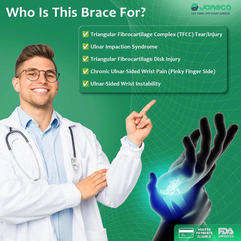 Doctor indicating who can benefit from TFCC Tears Wrist Brace With Built-In Ring Pad For Ulnar Side Wrist Pain And DRUJ Instability