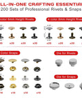All In One Leather Rivets And Snaps Tool Kit with Heavy Duty Press Pliers showing 200 sets of rivets and snaps in various colors