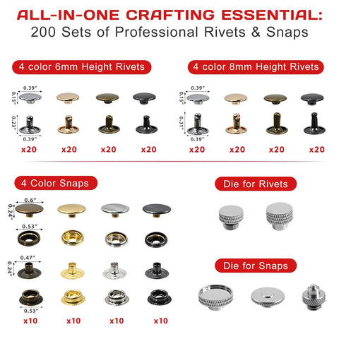 All In One Leather Rivets And Snaps Tool Kit with Heavy Duty Press Pliers showing 200 sets of rivets and snaps in various colors