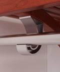 Close-up of the metal rod support in the Rock Solid Hardwood Reach In Closet System with rich red mahogany finish.