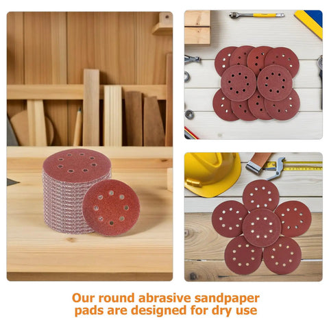 8 Inch 150 Piece Heavy Duty Hook And Loop Sanding Discs Set Tough Tearing Resistant Pads For Dry Grinding On Multiple Surfaces With Hard Pad That Lasts A Long Time displayed on a workbench with tools.