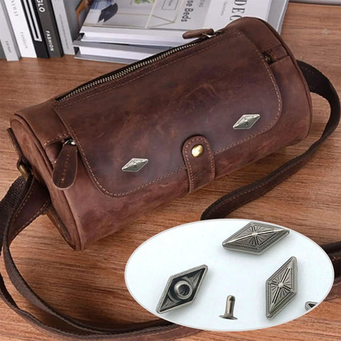 Kickass Diamond Shape Rivets With Screw Back Studs For Leather Crafting and Jacket Embellishment Heavy Duty Zinc Alloy on brown bag.