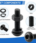 192 Piece M6 Hex Socket Button Head Screw Assortment Kit With Dead Simple 10 9 Grade Bolts including flat washers and nuts, showing clear threads.