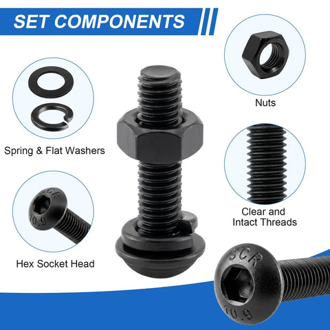 192 Piece M6 Hex Socket Button Head Screw Assortment Kit With Dead Simple 10 9 Grade Bolts including flat washers and nuts, showing clear threads.