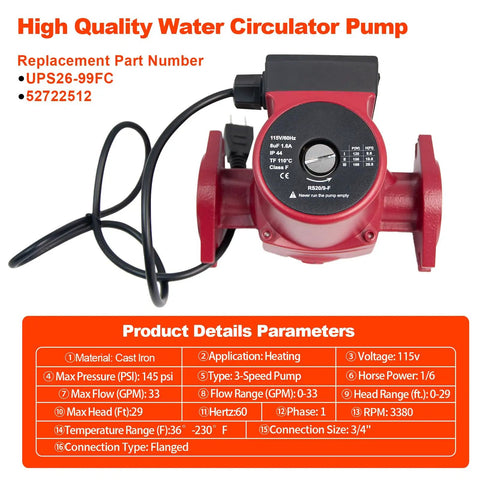 Heavy Duty Water Circulator Pump 115V 1/6HP 3 Speed Quiet Design For Hydronic And Radiant Floor Heating Fan Coil Solar Thermal Systems Real Workhorse Flow Zero Drama Setup, cast iron, top view.