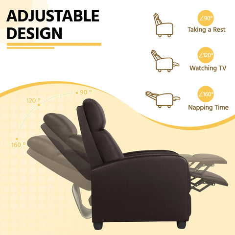 Brown Recliner Chair Featuring Three Position Recline And Plush Faux Leather Upholstery Rugged Wood Frame Engineered For Serious Living Room Comfort smooth tilting action adjustments shown.
