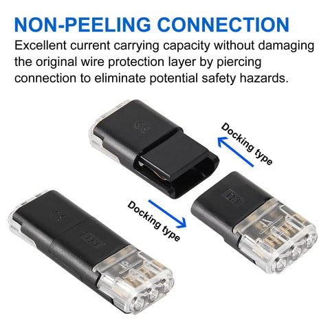 50 Pcs LED No Solder No Strip Terminal Block D3 Interchangeable Plug and Play Connector shown in multiple views with docking type