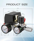 Air Compressor Pressure Switch With Four Port Regulator Gauge 90-120 Psi Cut In Cut Out Easy To Install One Quarter Inch NPT Thread Beefy Durable Quick Connect Valve For DIY Projects And Pro Shops, with product size measurements visible