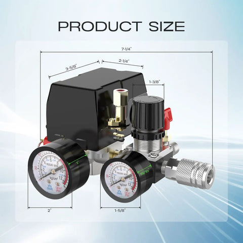 Air Compressor Pressure Switch With Four Port Regulator Gauge 90-120 Psi Cut In Cut Out Easy To Install One Quarter Inch NPT Thread Beefy Durable Quick Connect Valve For DIY Projects And Pro Shops, with product size measurements visible
