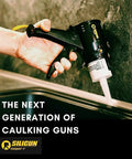 Person using Tiny 4 Inch Caulking Gun No Drip With Patented Design Lightweight ABS Frame Two Pack Fits All 10 Oz Tubes Easy To Store In Tight Spaces