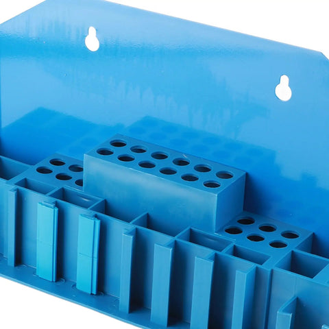 Blue storage box for Beefy 58mm T Slot Clamp Kit Hardened Stud Clamp Set For Lathe And Milling Machines M14, with multiple compartments.