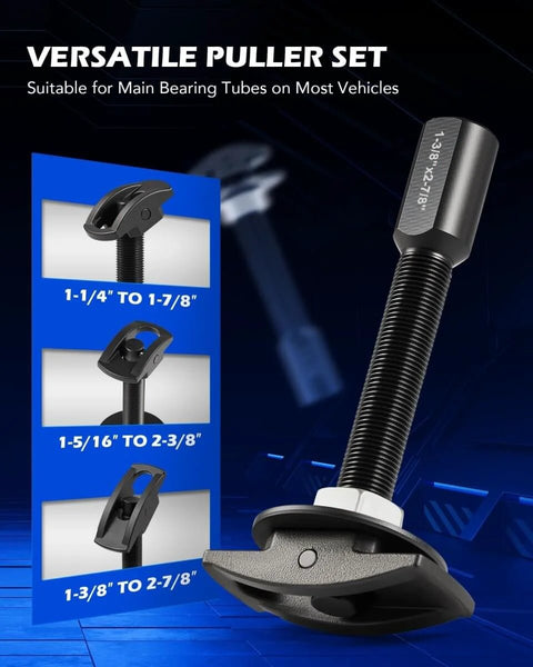 Rear Axle Bearing Service Kit With 3 Pullers And 9 Driver Discs For Removal Of Worn Bearings And Installation Of Races And Seals 13 Piece Professional Axle Bearing Tool Set For Cars Trucks And SUVs - versatile puller shown in three sizes