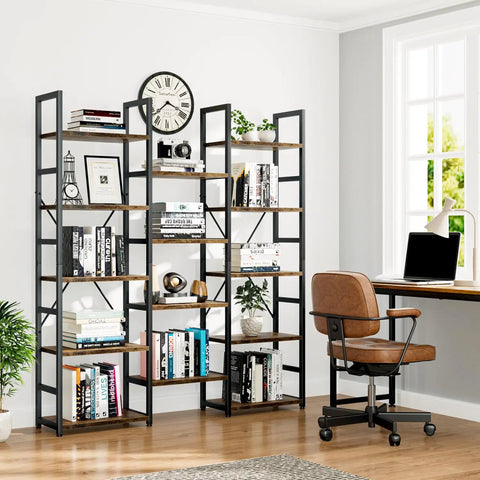 Triple Column Five Tier Bookshelf With Fourteen Open Display Shelves Rustic Industrial Style Modern Bookcase for home office setup