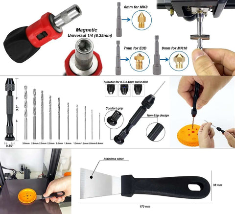 All In One 124 Piece 3D Printer Tool Kit With Carry Case For Finishing Cleaning Nozzles Trimming And Sanding tool components