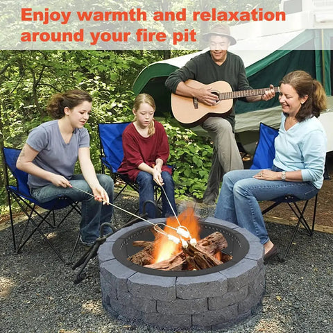 Family gathered around a DIY campfire with Smokeless Fire Pit Ring Liner For Outdoor Use Heavy Duty Solid Steel Rim Insert 40 Inch Outer Diameter