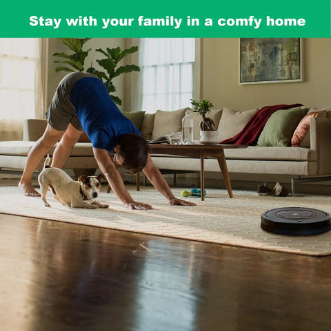 Living room setup with Roomba vacuum cleaning and person doing yoga, highlighting home comfort and 20 Pack Roomba Vacuum Bags For All Clean Base.