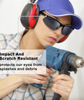 Woman wearing 36 Pcs Dope Scratch Resistant Safety Glasses Set With Polycarbonate Lenses Protective Goggles Eyewear for Work and DIY Projects, operating a drill.