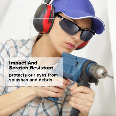 Woman wearing 36 Pcs Dope Scratch Resistant Safety Glasses Set With Polycarbonate Lenses Protective Goggles Eyewear for Work and DIY Projects, operating a drill.