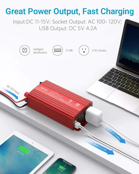 500W Pure Sine Wave Car Inverter Converts 12V DC To 110V AC With Two Outlets And 4.2A Dual USB Ports powering devices