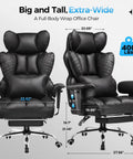 Big And Tall Gaming Chair With Retractable Footrest And Pocket Spring Lumbar Support And Heavy Duty 400 Pound Capacity Office Seat Built Tough, showing dimensions and design.