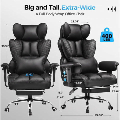 Big And Tall Gaming Chair With Retractable Footrest And Pocket Spring Lumbar Support And Heavy Duty 400 Pound Capacity Office Seat Built Tough, showing dimensions and design.