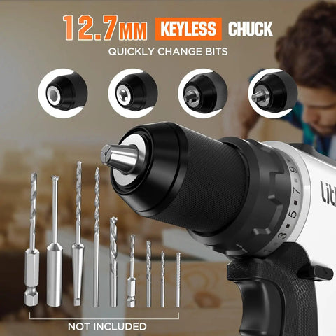 Close-up of Beast Brushless Cordless Drill Driver With 530 Inch Pounds Torque Seventeen Plus One Clutch Settings One Half Inch Keyless Chuck Variable Speed Long Lasting Motor For Home Or Pro Projects Battery And Charger Not Included, showing keyless chuck and drill bits.
