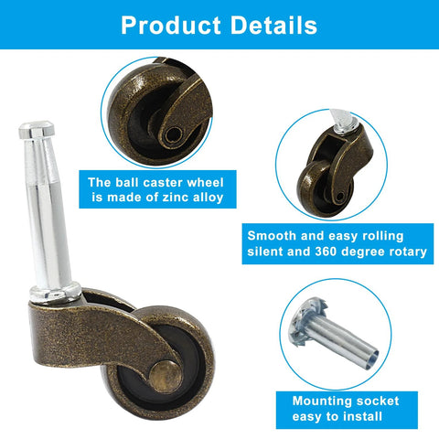Antique Brass 1 Inch Swivel Stem Ball Caster Wheel Set For Furniture And Desks, zinc alloy with mounting socket close-up.
