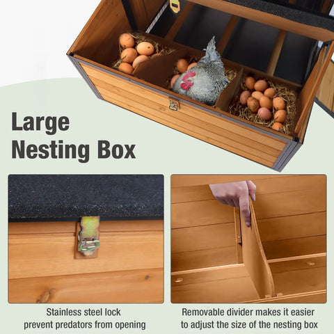 Spacious 6-8 Chickens All In One Wooden Poultry Cage with Metal Frame featuring a large nesting box with removable dividers.