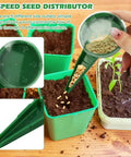 Hand using Mini Seed Spreader Set With Gloves 6 Piece Handheld Seed Sower Kit Including Dibber And Trowel For Tiny Seeds Easy Direct Sowing Even Rows Carrots Radishes Lettuce And More to sow seeds in green pots with 5 speed seed distributor.