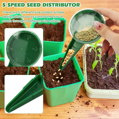 Hand using Mini Seed Spreader Set With Gloves 6 Piece Handheld Seed Sower Kit Including Dibber And Trowel For Tiny Seeds Easy Direct Sowing Even Rows Carrots Radishes Lettuce And More to sow seeds in green pots with 5 speed seed distributor.
