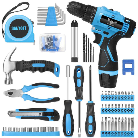 12V Cordless Drill Kit With LED Light, 146 Piece Do It All Home Tool Set for furniture assembly and repairs, blue tools